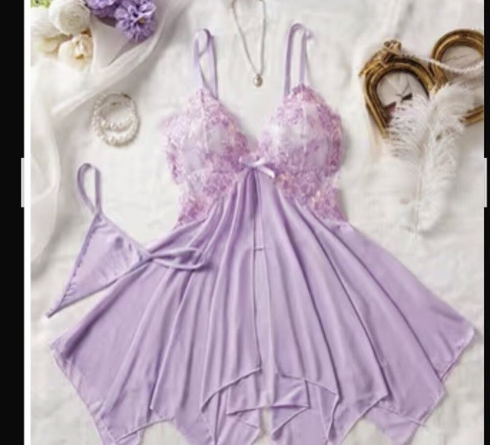 Purple Embroidered Lace, Baby Doll Lingerie Set With Thong Size Medium New